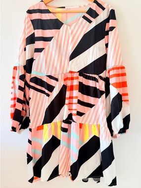 Colorblock Geometric Tiered Dress - Pink, Black & Coral
